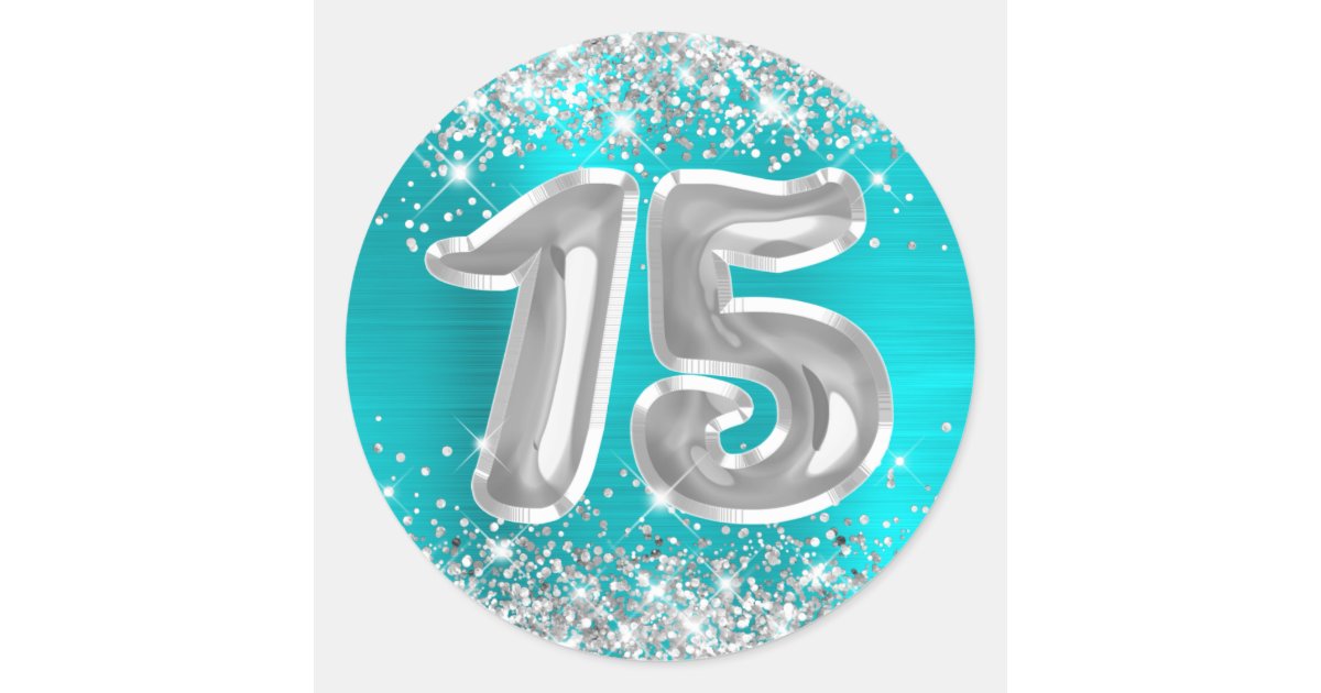 Silver Glitter Turquoise Blue Number 15 Birthday Classic Round Sticker