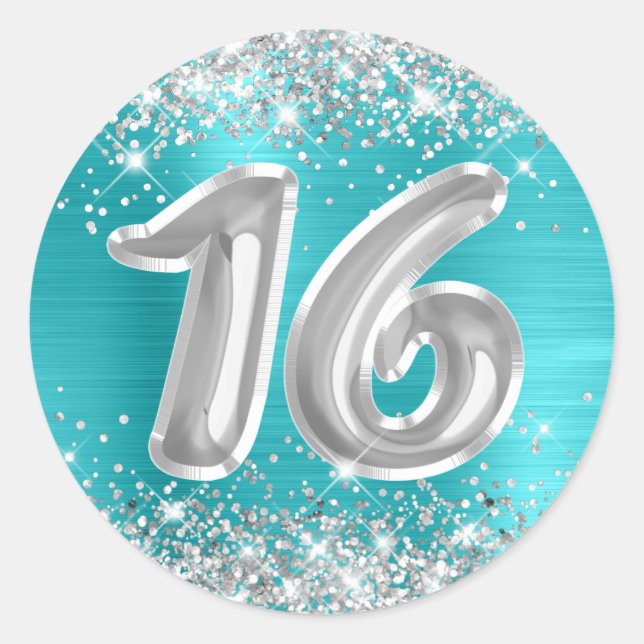 Silver Glitter Turquoise Blue Number 16 Birthday Classic Round Sticker (Front)