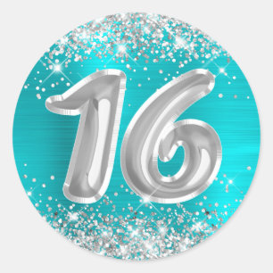 Silver Glitter Turquoise Blue Number 16 Birthday Classic Round Sticker