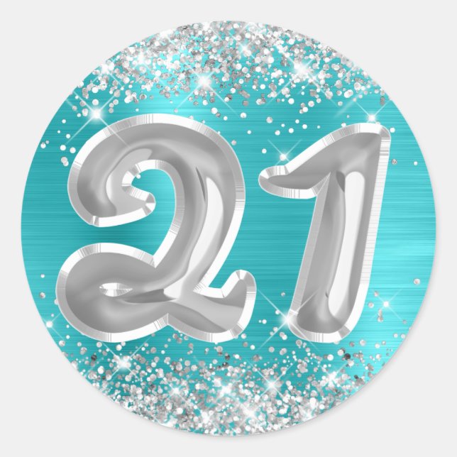Silver Glitter Turquoise Blue Number 21 Birthday Classic Round Sticker (Front)