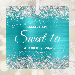 Silver Glitter Turquoise Blue Ombre Foil Sweet 16 Metal Ornament