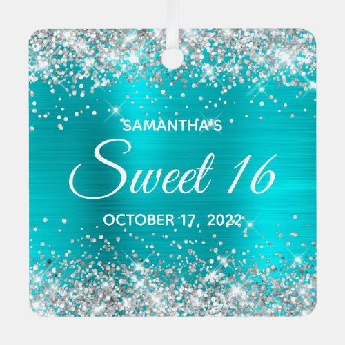 Silver Glitter Turquoise Blue Ombre Foil Sweet 16 Metal Ornament