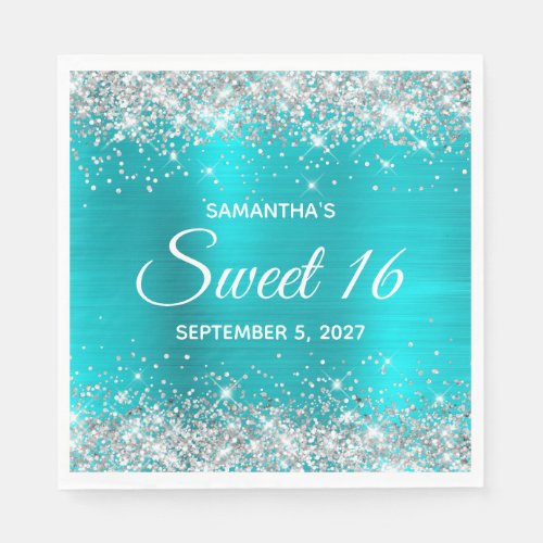 Silver Glitter Turquoise Blue Ombre Foil Sweet 16 Napkins