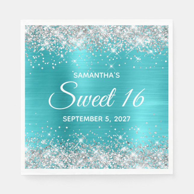 Silver Glitter Turquoise Blue Ombre Foil Sweet 16 Napkins (Front)