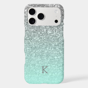 Silver glitter turquoise blue ombre monogram iPhone 17 pro max case