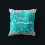 Silver Glitter Turquoise Blue Quinceañera Throw Pillow<br><div class="desc">Fabulous quinceañera girly glam throw pillow for your daughter. The front features the number fifteen in a puffy balloon text image. The background image features a girly glam aqua cyan and turquoise blue ombre brushed metal style foil with faux silver glitter digital art graphics. On the backside, you can customize...</div>
