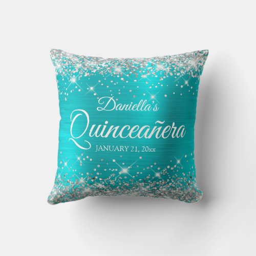 Silver Glitter Turquoise Blue Quinceaera Throw Pillow