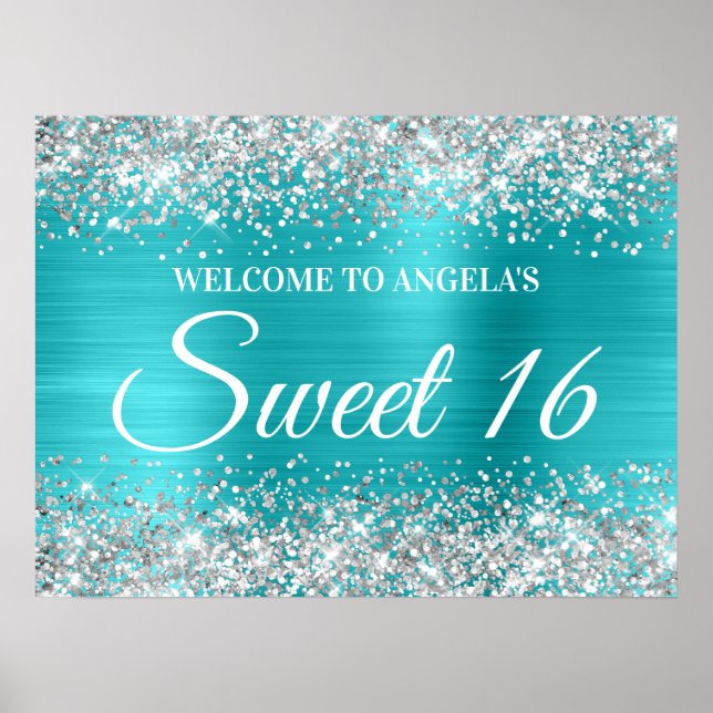 Silver Glitter Turquoise Blue Sweet 16 Welcome Poster (Front)