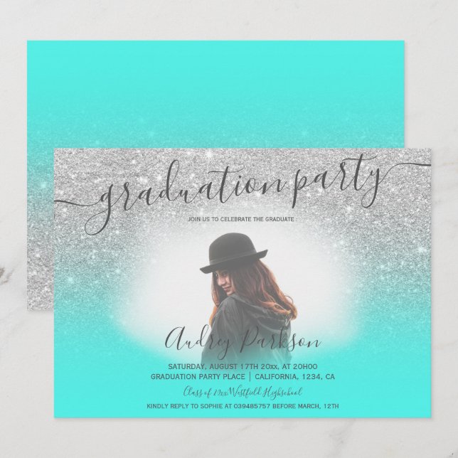 Silver glitter turquoise chic photo graduation invitation (Front/Back)
