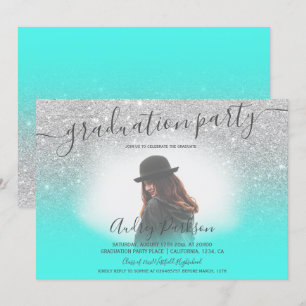 Silver glitter turquoise chic photo graduation invitation