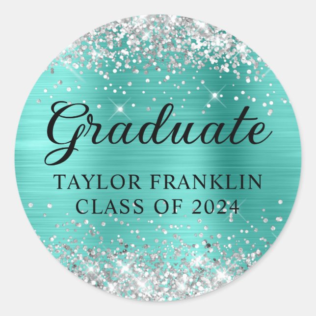 Silver Glitter Turquoise Class of 2024 Graduate Classic Round Sticker (Front)