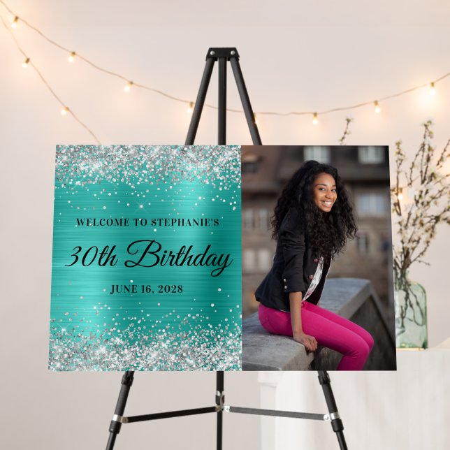 Silver Glitter Turquoise Foil 30th Birthday Photo Foam Board (In Situ (Stand))