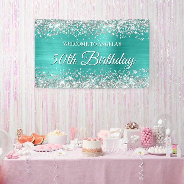 Silver Glitter Turquoise Foil 50th Birthday Banner (Party)