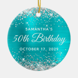 Silver Glitter Turquoise Foil 50th Birthday Ceramic Ornament