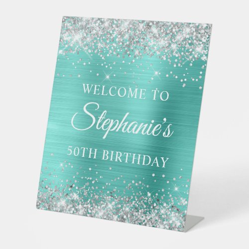 Silver Glitter Turquoise Foil 50th Birthday Pedestal Sign