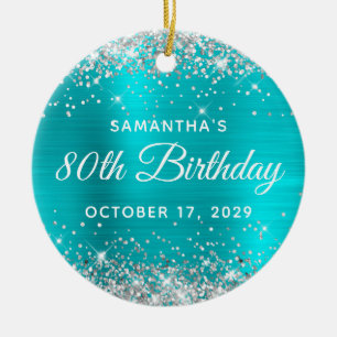 Silver Glitter Turquoise Foil 80th Birthday Ceramic Ornament