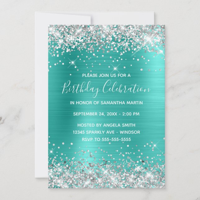 Silver Glitter Turquoise Foil Birthday Celebration Invitation (Front)