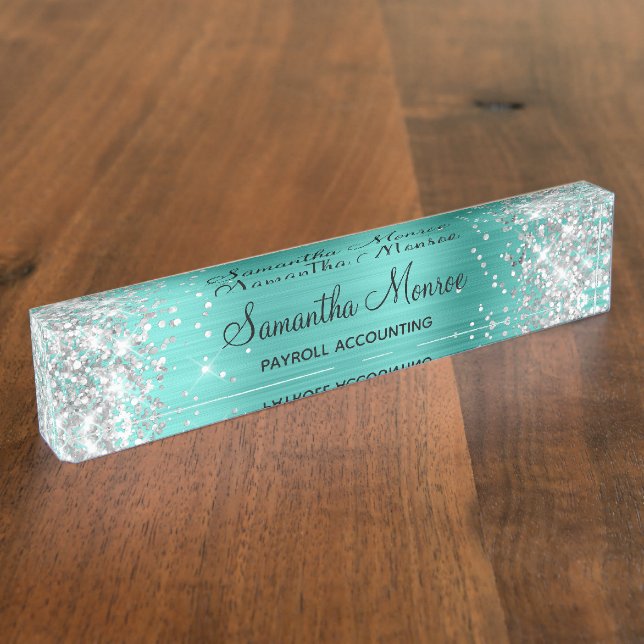 Silver Glitter Turquoise Foil Desk Name Plate (Side)