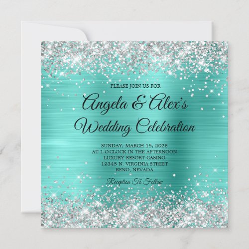 Silver Glitter Turquoise Foil Elegant Wedding Invitation
