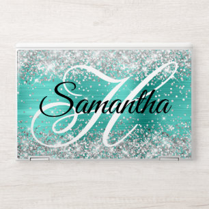 Silver Glitter Turquoise Foil Fancy Monogram HP Laptop Skin