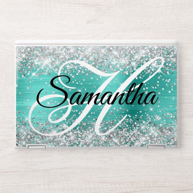 Silver Glitter Turquoise Foil Fancy Monogram HP Laptop Skin (Front)