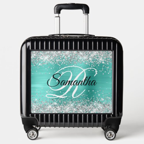 Silver Glitter Turquoise Foil Fancy Monogram Luggage