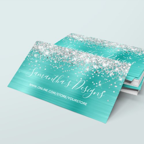 Silver Glitter Turquoise Foil Online Store Business Card