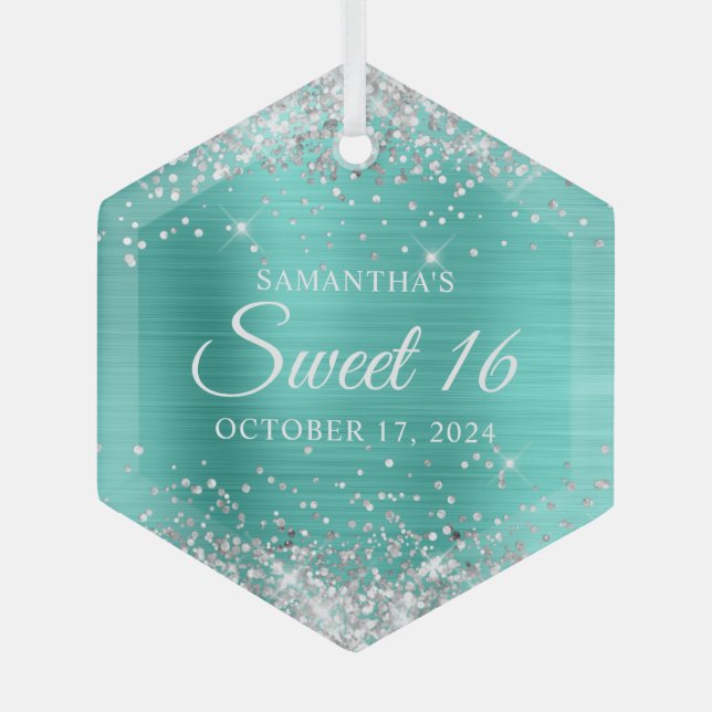 Silver Glitter Turquoise Foil Sweet 16 Glass Ornament (Front)