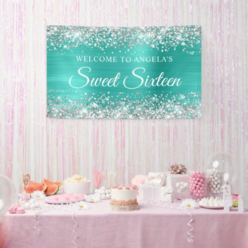 Silver Glitter Turquoise Foil Sweet Sixteen Banner