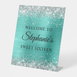 Silver Glitter Turquoise Foil Sweet Sixteen Pedestal Sign