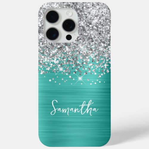 Silver Glitter Turquoise Glam Name iPhone 15 Pro Max Case