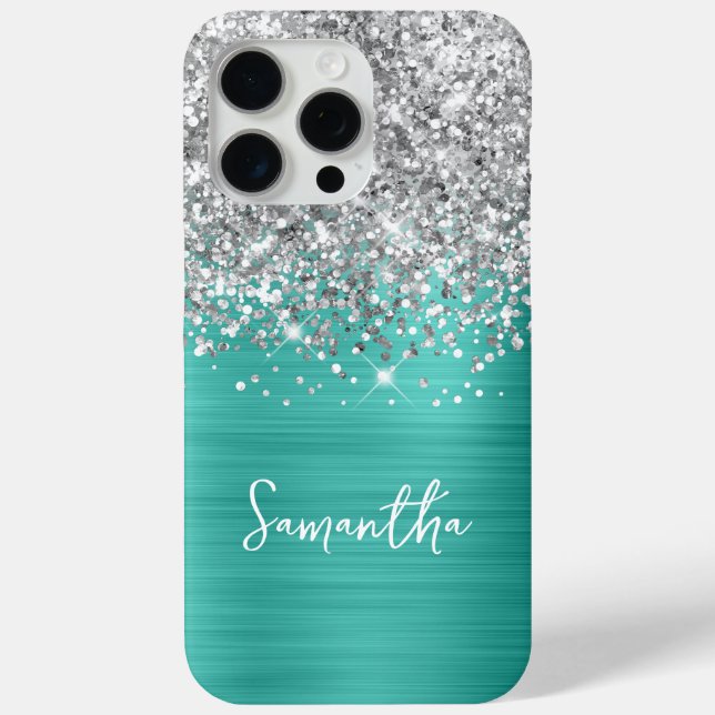 Silver Glitter Turquoise Glam Name Case-Mate iPhone Case (Back)