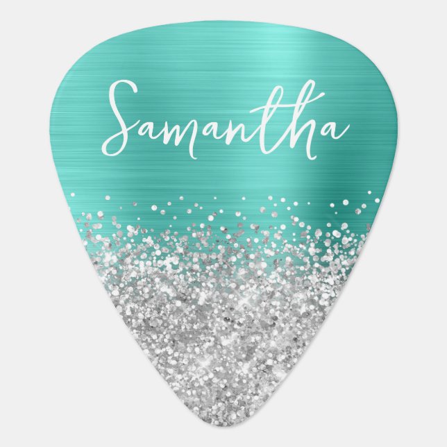 Silver Glitter Turquoise Glam Name Guitar Pick (Front)