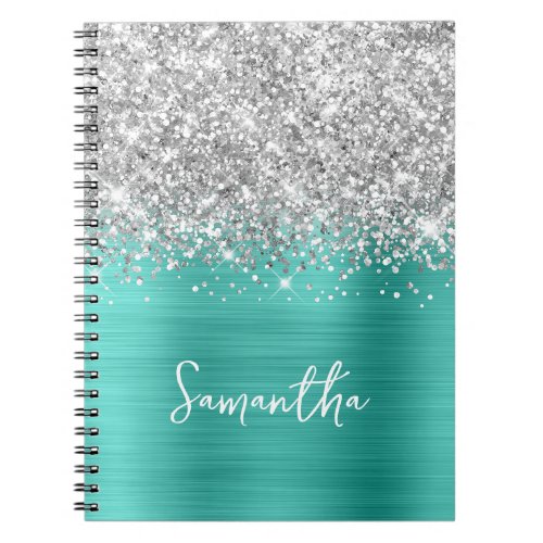 Silver Glitter Turquoise Glam Script Name Notebook