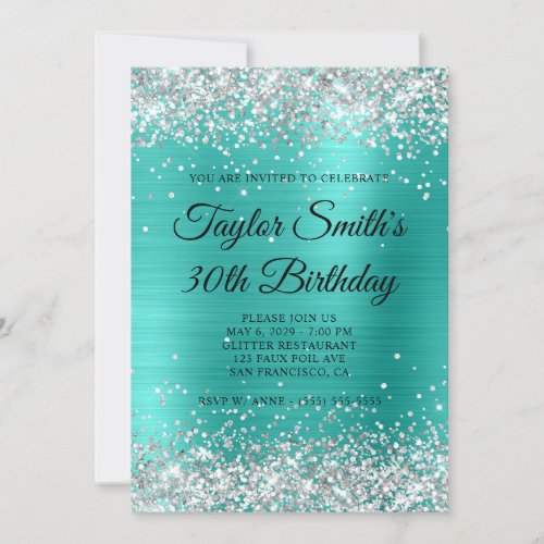 Silver Glitter Turquoise Monogram 30th Birthday Invitation