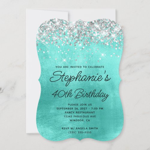 Silver Glitter Turquoise Monogram 40th Birthday Invitation
