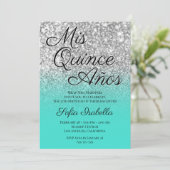 Silver Glitter Turquoise Ombre Mis Quince Años Invitation (Standing Front)