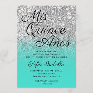 Silver Glitter Turquoise Ombre Mis Quince Años Invitation