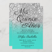 Silver Glitter Turquoise Ombre Mis Quince Años Invitation (Front/Back)
