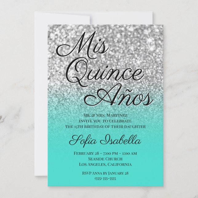 Silver Glitter Turquoise Ombre Mis Quince Años Invitation (Front)