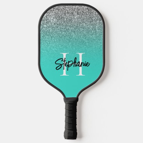 Silver Glitter Turquoise Ombre Monogram Pickleball Paddle