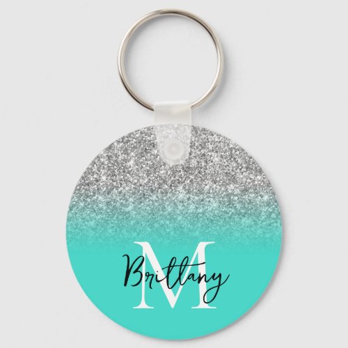 Silver Glitter Turquoise Ombre Monogrammed Keychain