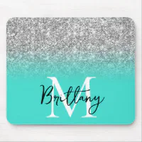 Turquoise Blue Agate Geode Monogram Name Mouse Pad