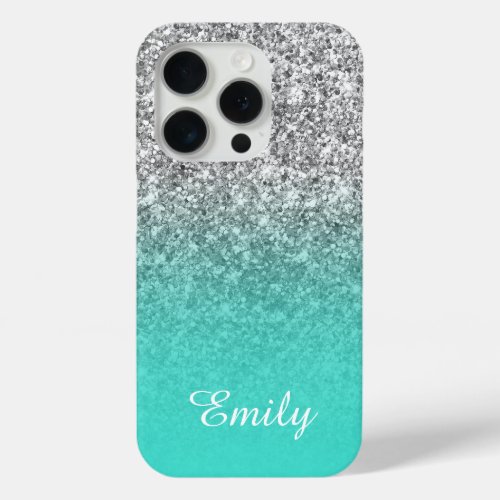Silver Glitter Turquoise Ombre Personalized iPhone 15 Pro Case
