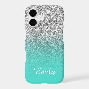 Silver Glitter Turquoise Ombre Personalized iPhone 17 Case