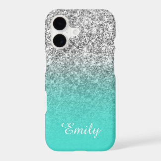 Silver Glitter Turquoise Ombre Personalized iPhone 17 Case