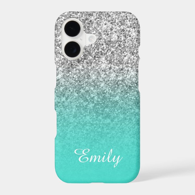 Silver Glitter Turquoise Ombre Personalized Case-Mate iPhone Case (Back)