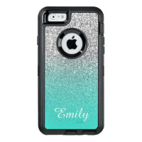 Silver Glitter Turquoise Ombre Personalized OtterBox Defender iPhone Case