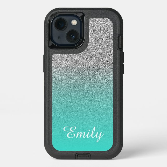 Silver Glitter Turquoise Ombre Personalized Otterbox iPhone Case (Back)