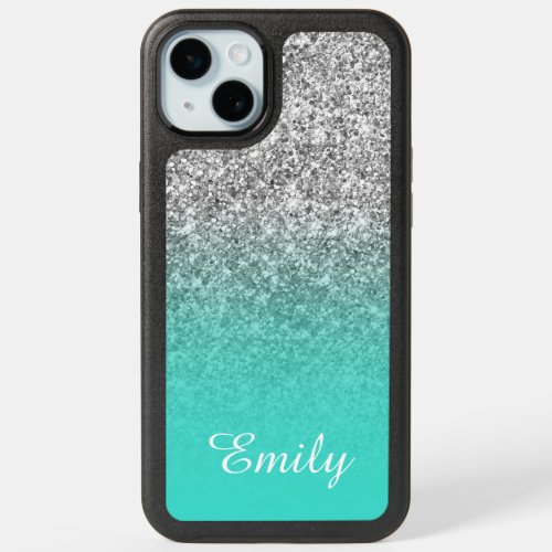 Silver Glitter Turquoise Ombre Personalized iPhone 15 Plus Case